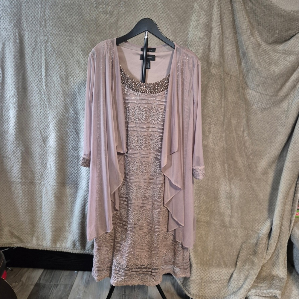 R&M Richards Mauve Lace Beaded Dress with Sheer Jacket Set Size 14